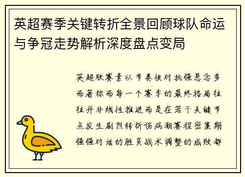 英超赛季关键转折全景回顾球队命运与争冠走势解析深度盘点变局
